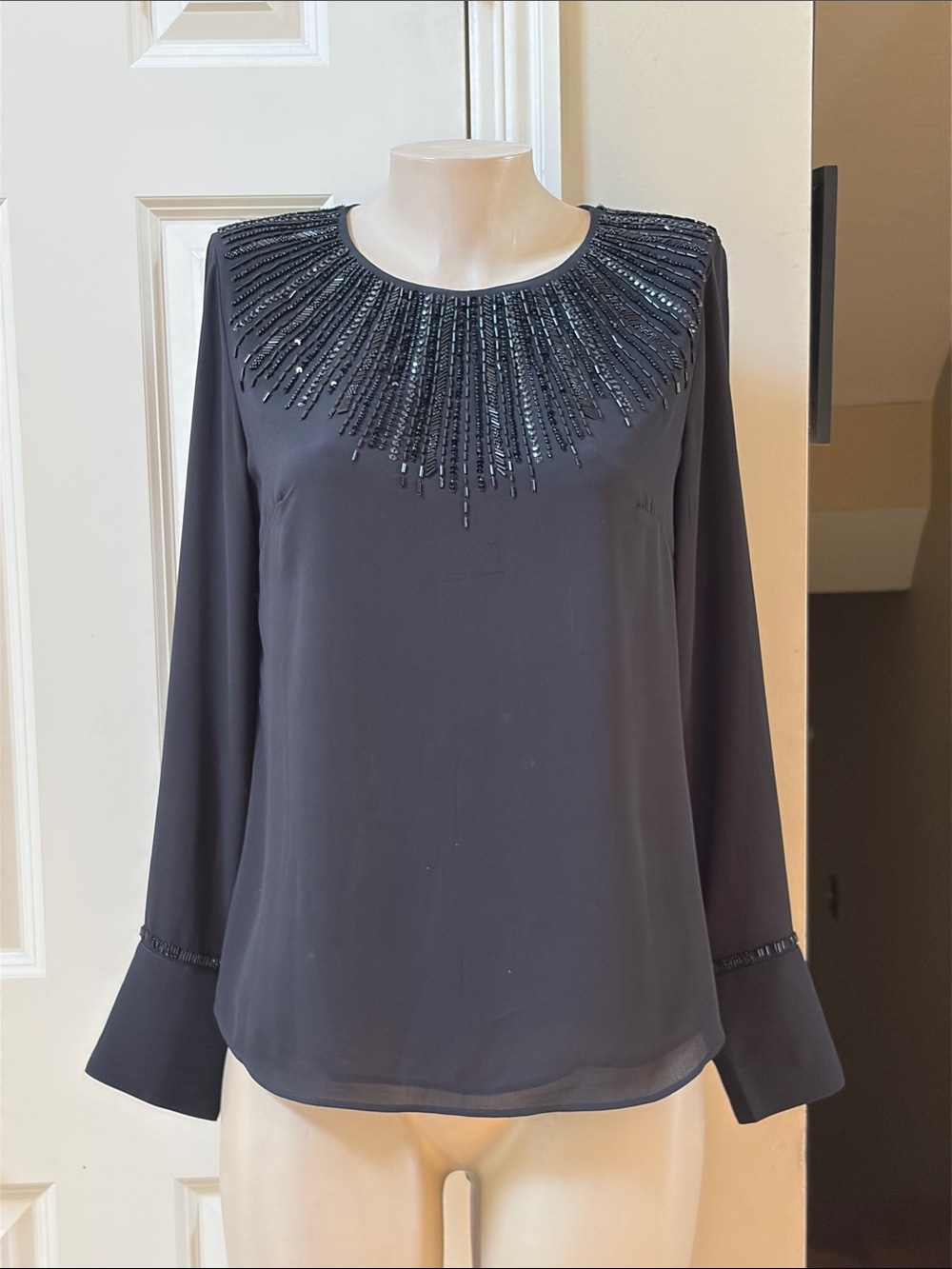 White House Black Market Black Beaded Neckline Long-Sleeve Blouse, 6